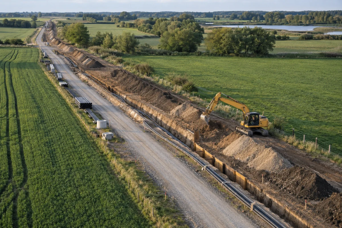 Visualisierung einer Tiefbaubaustelle mit Bagger und Leitungstrasse